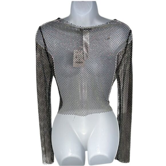 ZARA Shimmer Mesh Crop Top Color Black Size M - Picture 3 of 5